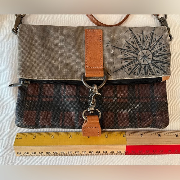 Mona B canvas compass crossbody purse. Leather strap, zipper & hook close detail - Picture 7 of 10